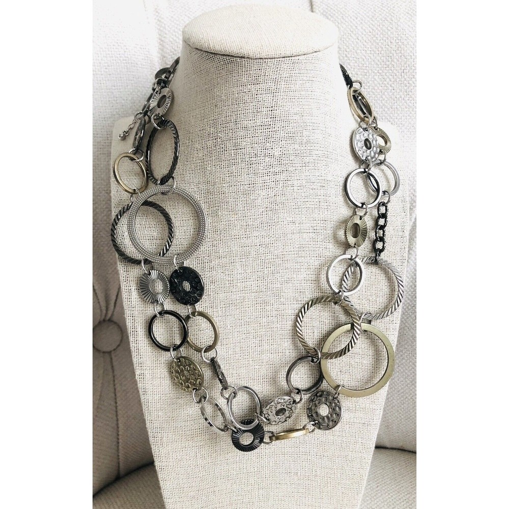 Lia Sophia ~Signed Improv ~mixed metals/ textured circle /long necklace